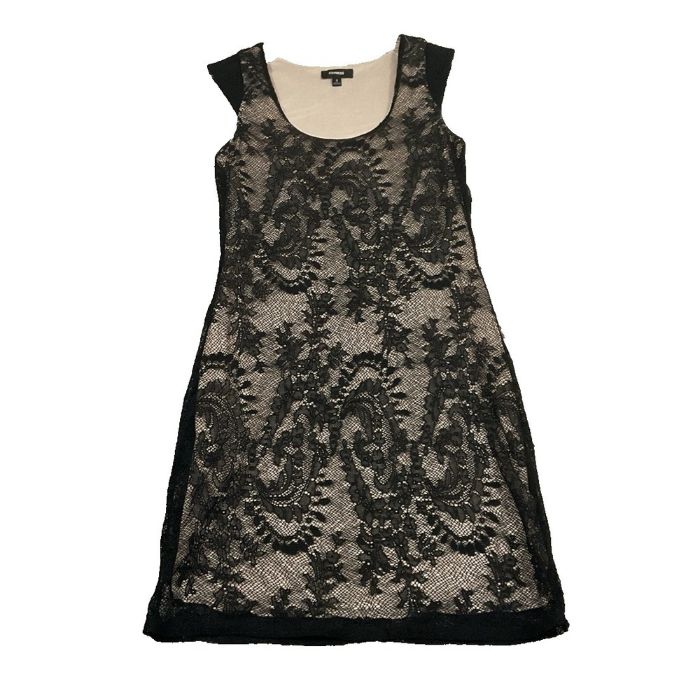 Express Lace Dress Sz 8 Black Knee Length Bodycon Sleeveless Sexy Whimsy Goth